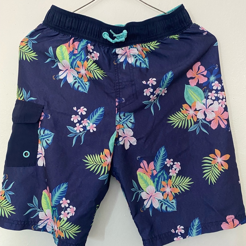 Cat & Jack Boys L 12-14 Bathing Suit Hibiscus Navy $15